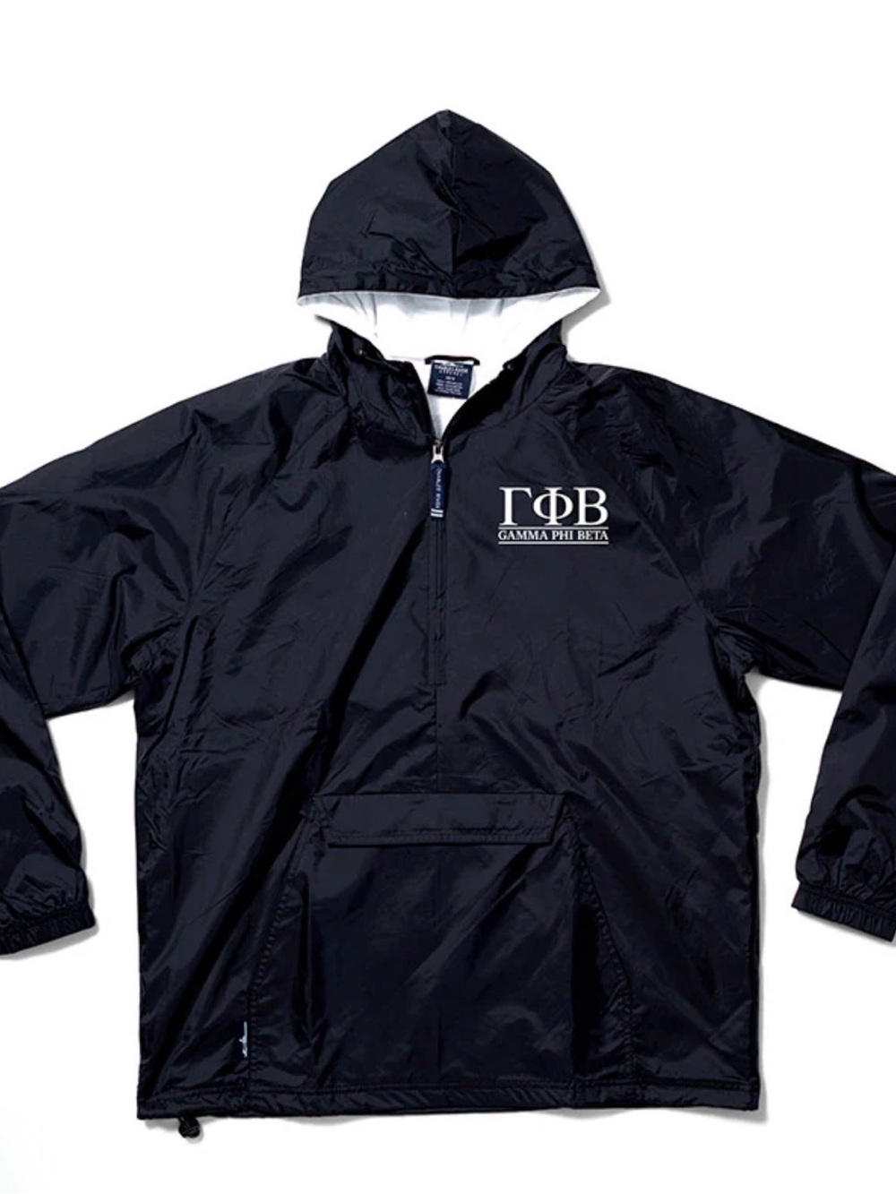 Charles River Apparel Black Hooded Windbreaker with White Lining & Pink letters